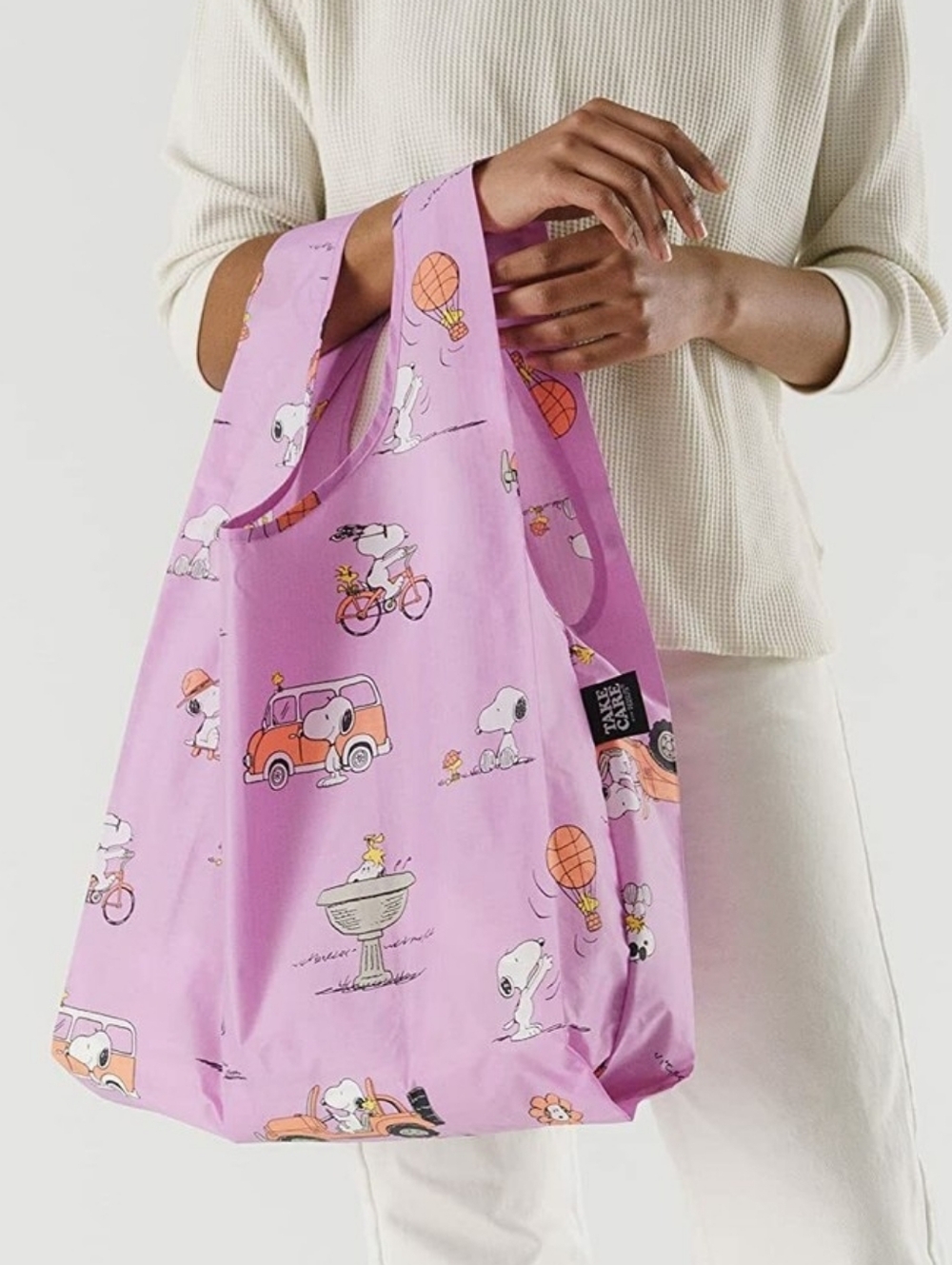 NWT BAGGU X Peanuts Standard Printed Reusable Tote Bag Take Care With Snoopy
